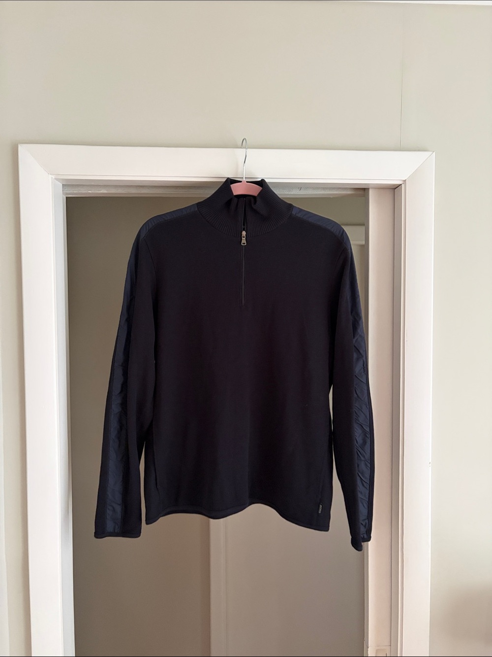 Boss Men’s Zip-Neck Sweater in Black with Quilted Sleeve Panels